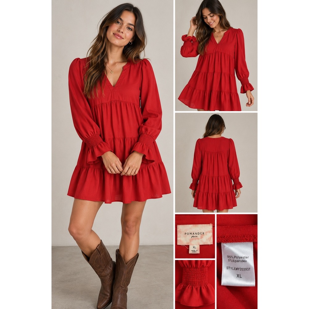 Pomander Place Red Tiered Babydoll Mini Dress V-Neck Smocked Cuff XL Y20393T